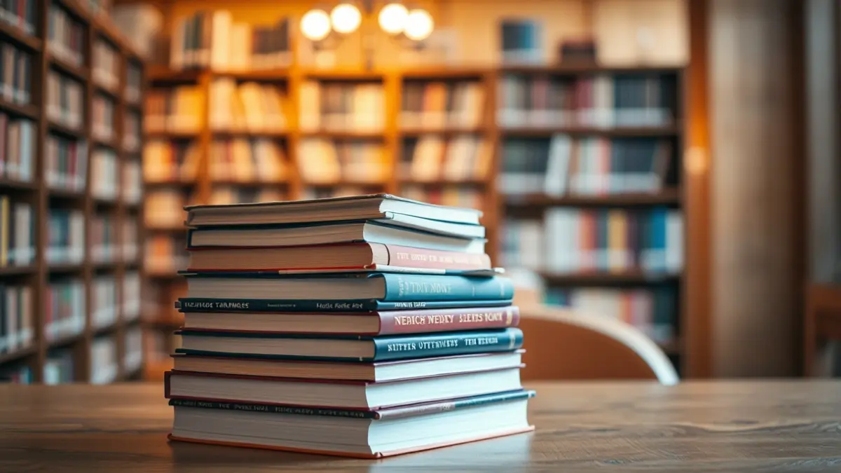 Imagen genérica de una pila de libros en una mesa de madera en una biblioteca acogedora.