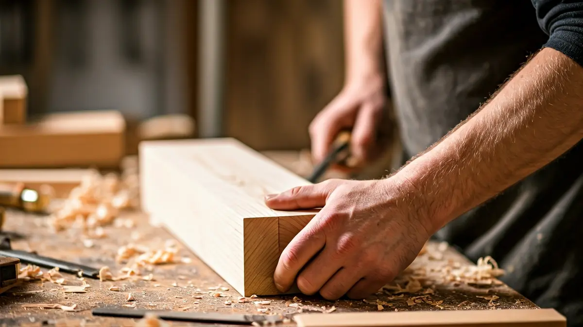 Imatge d'unes mans d'artesà treballant la fusta amb ferramentes tradicionals.