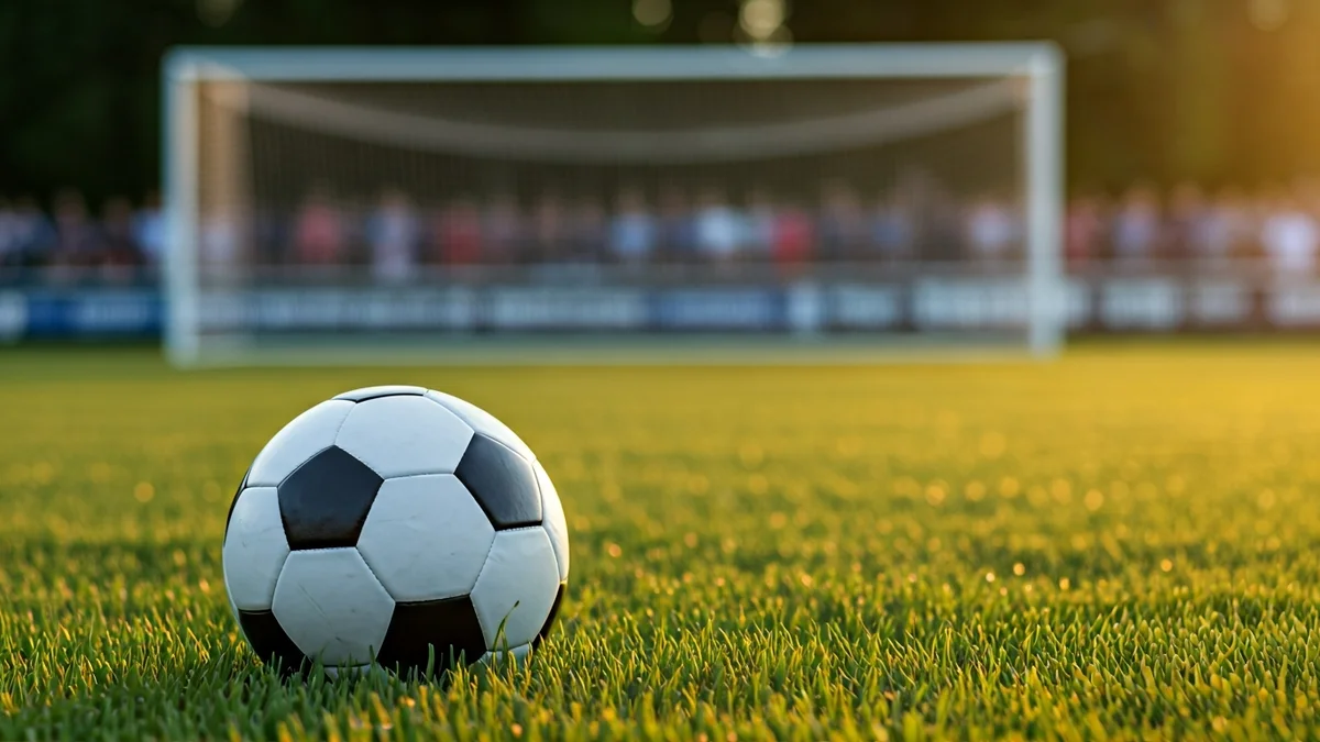Imatge genèrica d'una pilota de futbol sobre la gespa amb una porteria al fons.