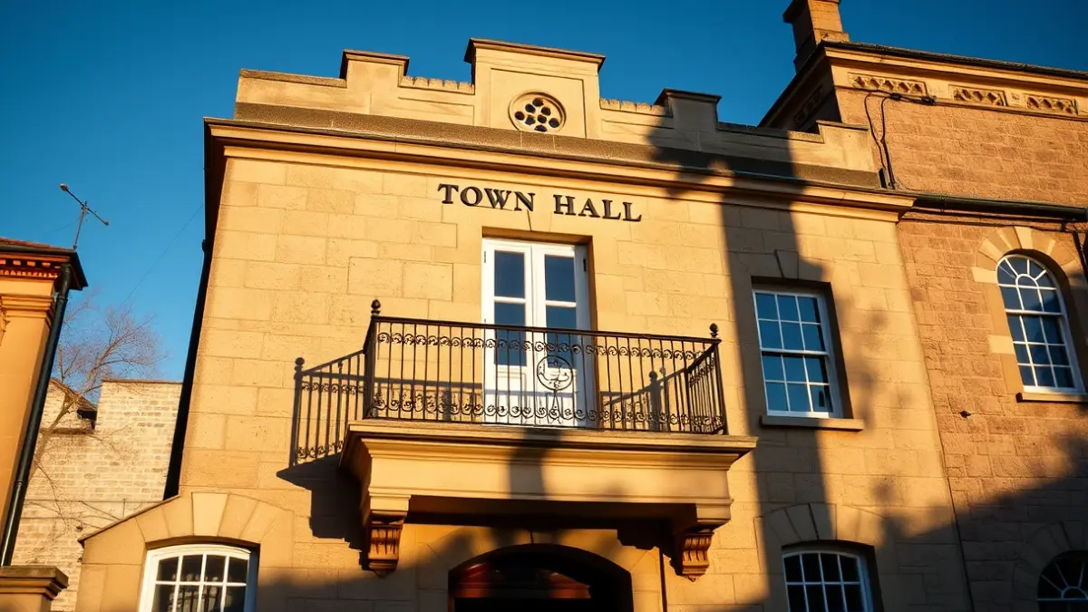 Stone town hall facade with balcony and iron railings, with afternoon sunlight.