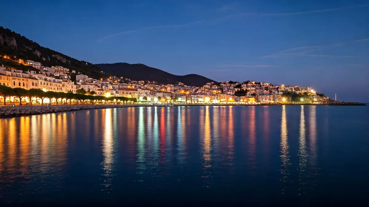 Imatge genèrica d'un lleuger tremolor en l'aigua reflectint el cel nocturn mediterrani, amb llums borroses d'una ciutat costanera al fons.