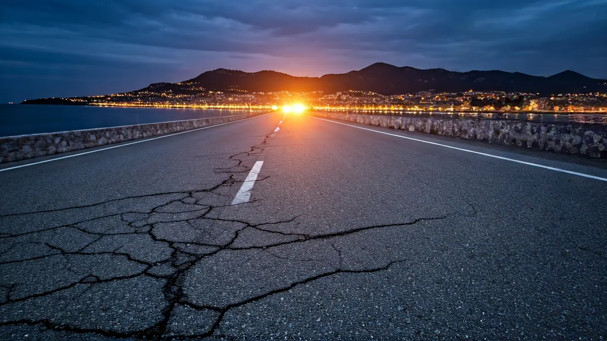 Imagen genérica de una carretera agrietada con un efecto de temblor, una ciudad costera mediterránea borrosa al fondo bajo un cielo nocturno, con luces de emergencia apenas visibles en la distancia.