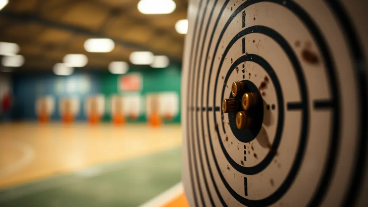 Generic image of a target with bullet holes at an Olympic shooting range.