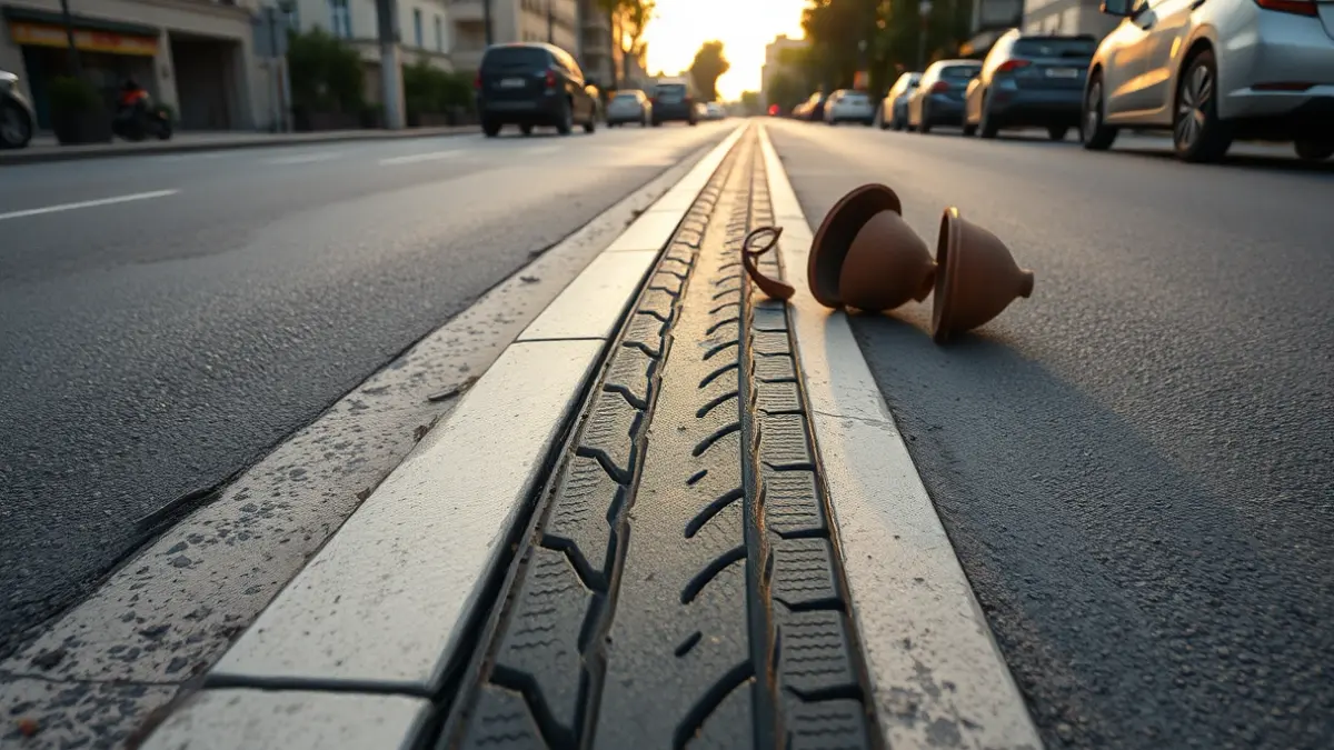 Imagen de una marca de neumático en una mediana con macetas rotas, tras un accidente de tráfico.