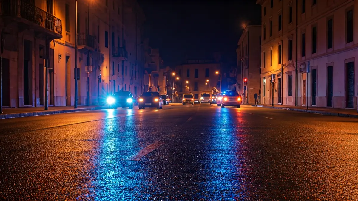 Imatge genèrica de llums d'emergència reflectint-se sobre asfalt mullat en un entorn urbà mediterrani.