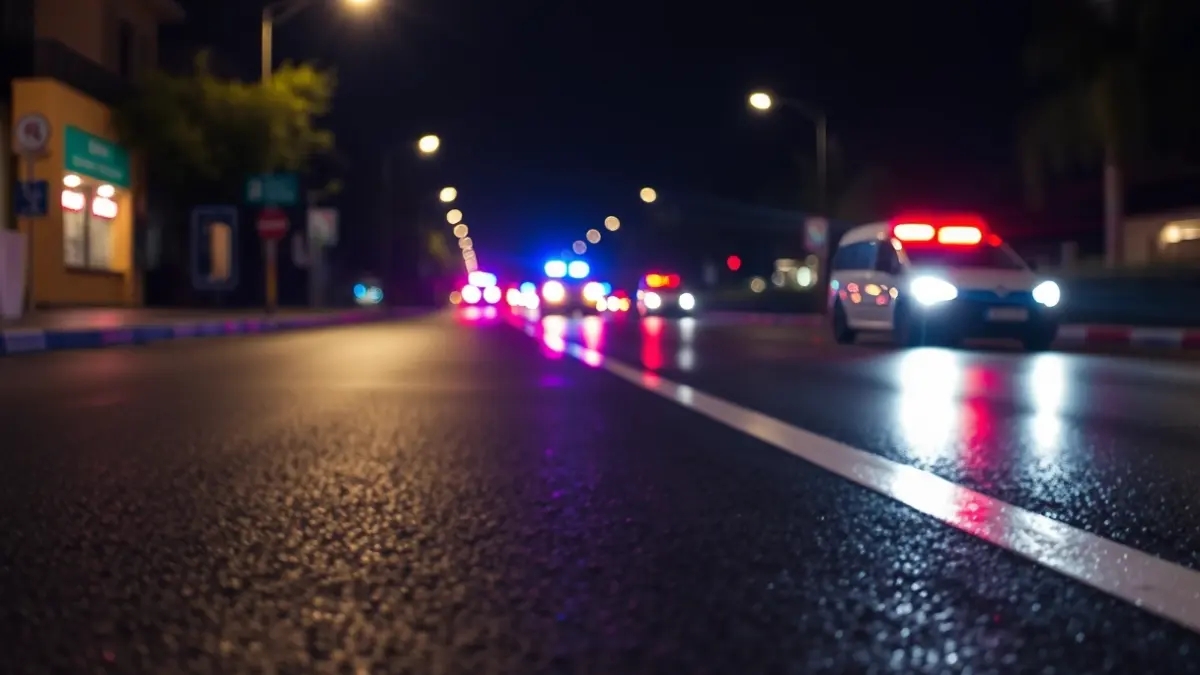 Imagen genérica de luces de emergencia reflejándose en el asfalto mojado de noche en un entorno urbano mediterráneo.