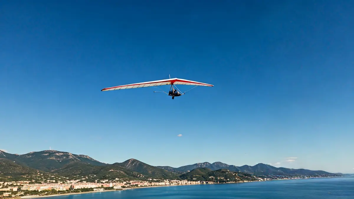Imagen de un ala delta volando sobre un paisaje mediterráneo.