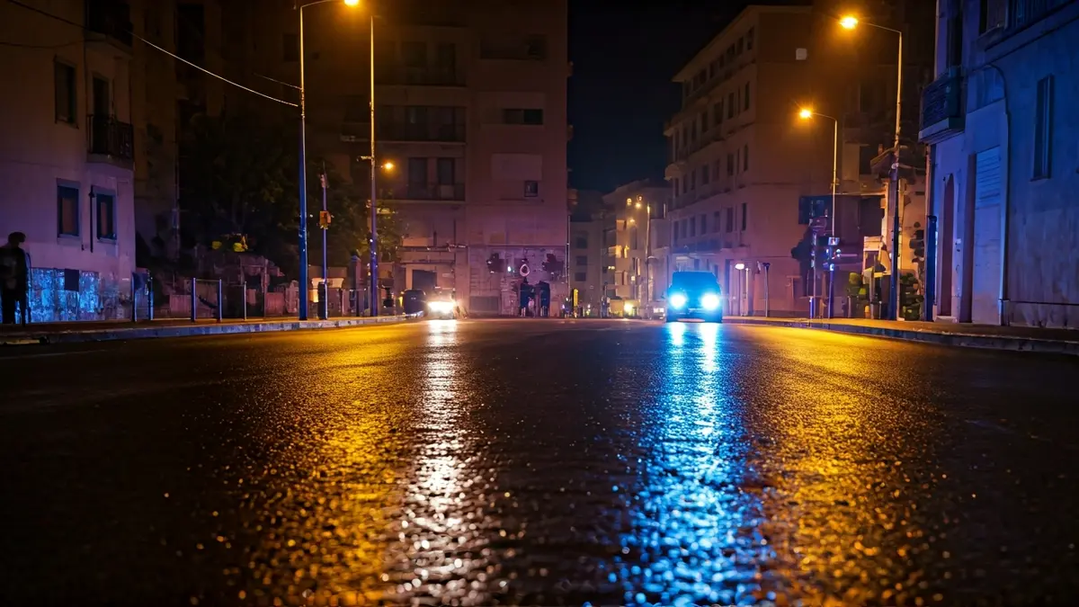 Generic image of emergency lights reflecting on wet asphalt at night, with no visible vehicles.