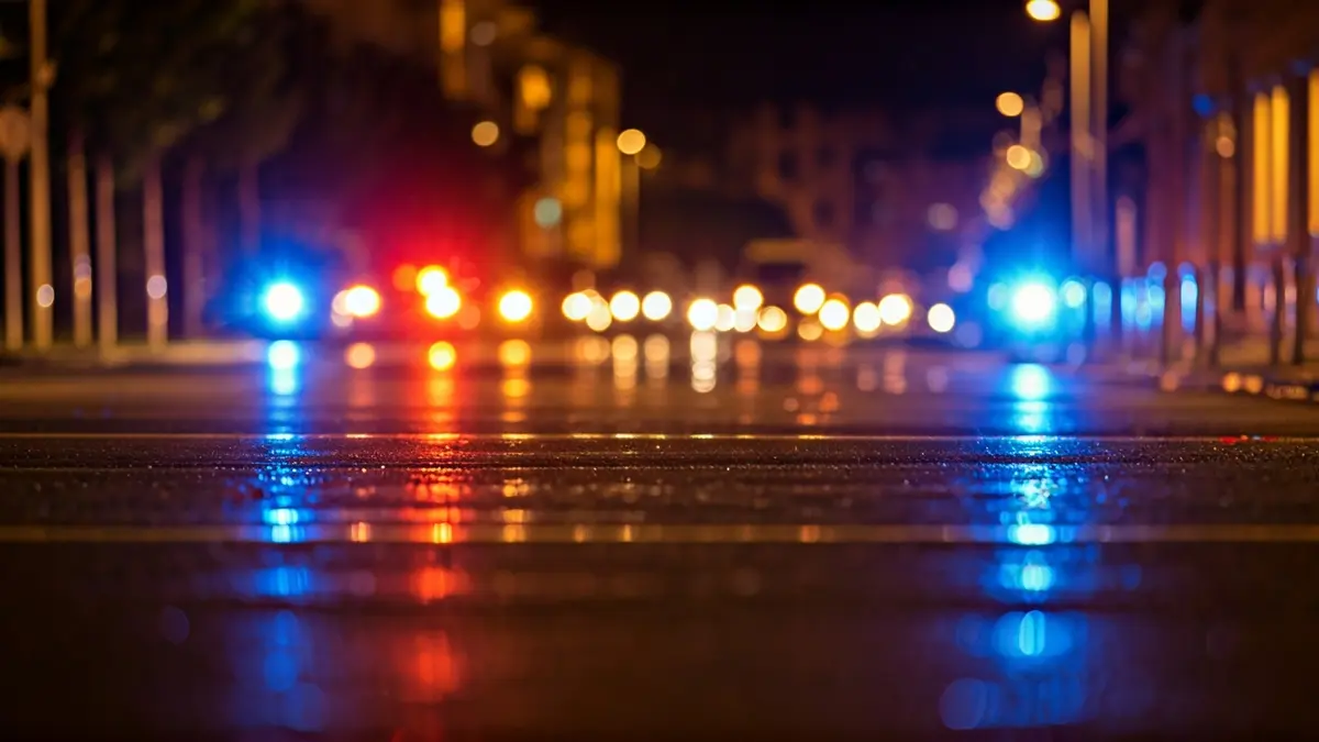 Imatge genèrica de llums d'emergència reflectint-se sobre l'asfalt mullat de nit.
