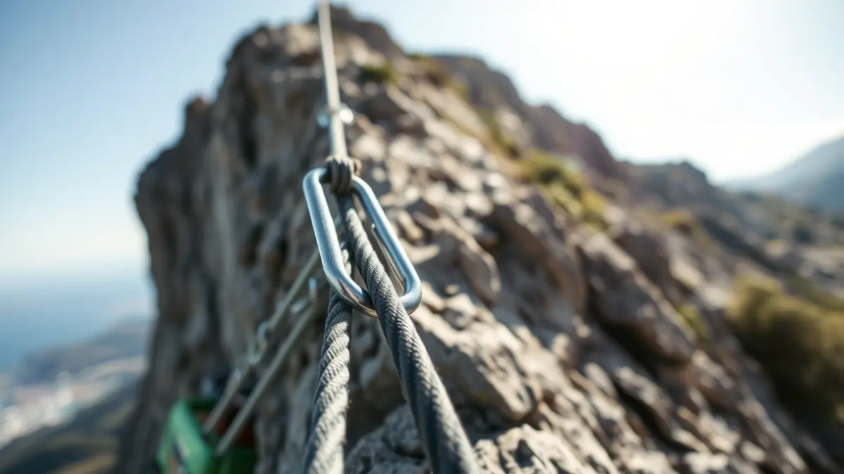 Imatge genèrica d'escalada en roca, amb cordes i mosquetons en primer pla.