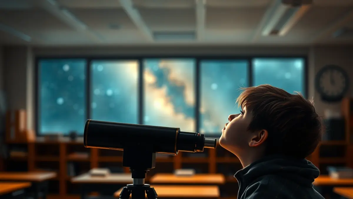 Imatge genèrica d'una jove estudiant mirant a través d'un telescopi, simbolitzant l'ambició científica i l'exploració espacial.