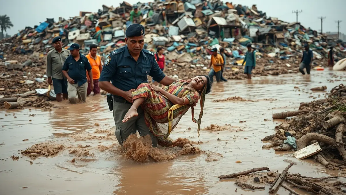 Image of a devastating DANA scene, with two police officers carrying an injured woman through mud and debris, with other volunteers and residents watching with concern.