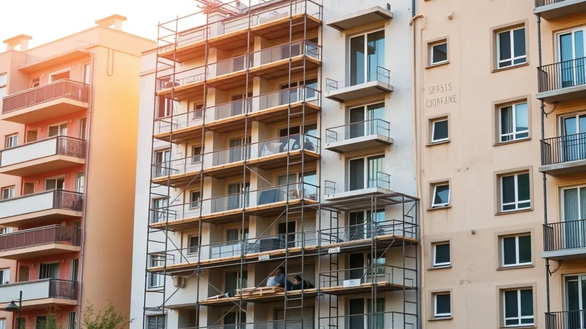 Imatge d'un edifici residencial en construcció en una ciutat mediterrània, amb bastides i seccions acabades, sota la llum del sol de la vesprada.