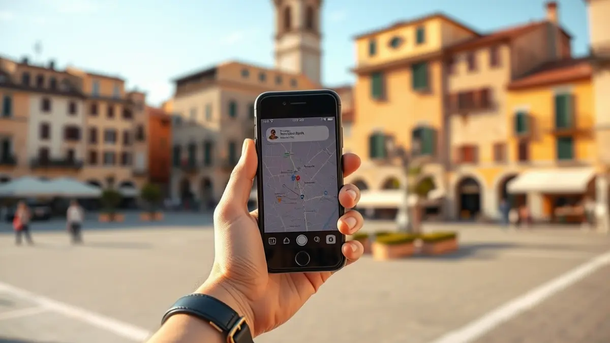 Imagen de una mano sosteniendo un smartphone mostrando una aplicación de viajes, con el fondo borroso de una plaza de ciudad mediterránea con edificios históricos y un campanario.