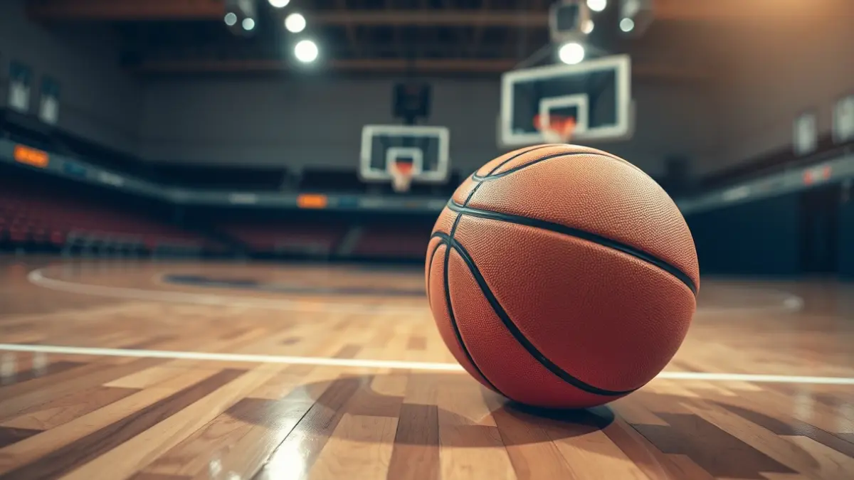 Imagen genérica de un balón de baloncesto en una cancha de madera, con el aro desenfocado al fondo.
