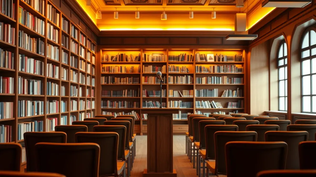 Imatge genèrica d'una presentació de llibre en una biblioteca, amb un micròfon en un faristol i cadires buides.