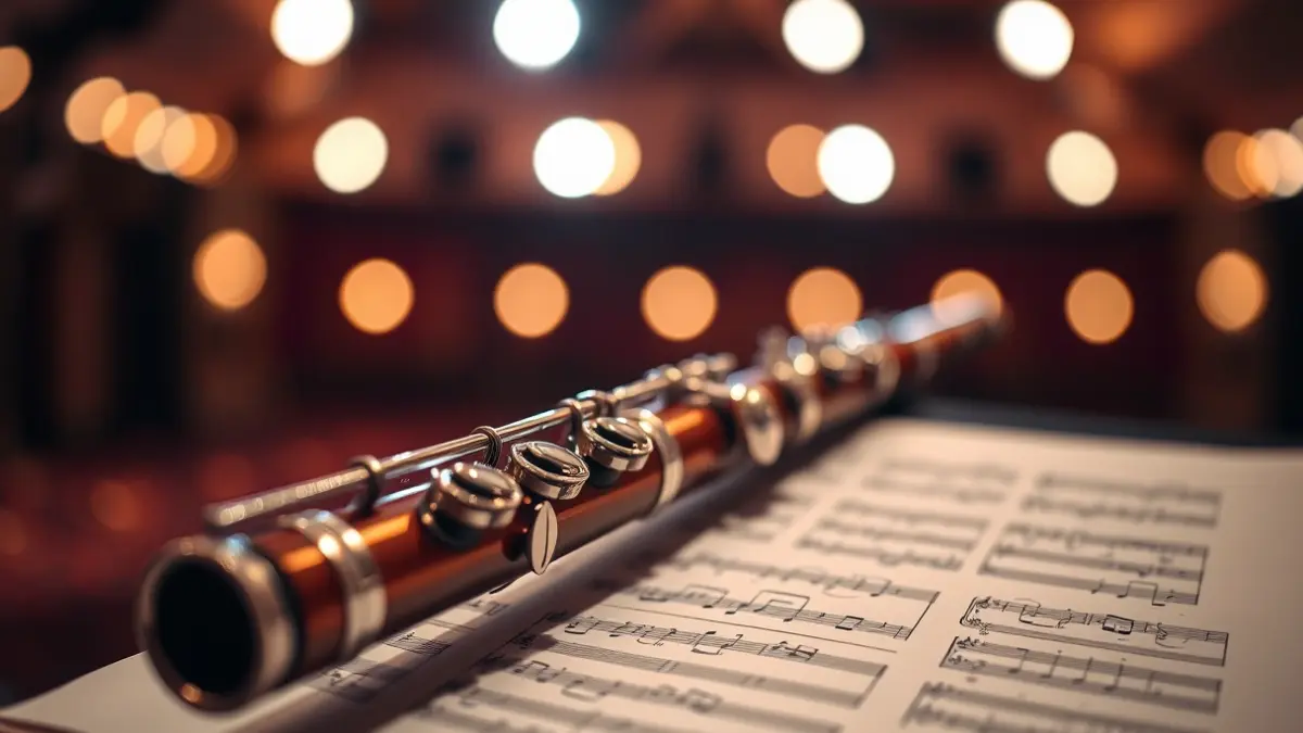 Imatge genèrica d'una flauta sobre un faristol amb partitures, amb llums d'escenari desenfocades al fons.