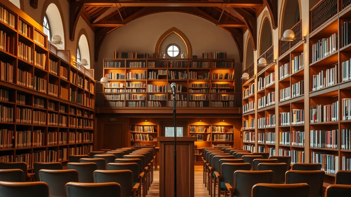 Generic image of a literary presentation room with wooden bookshelves and a lectern with microphone.