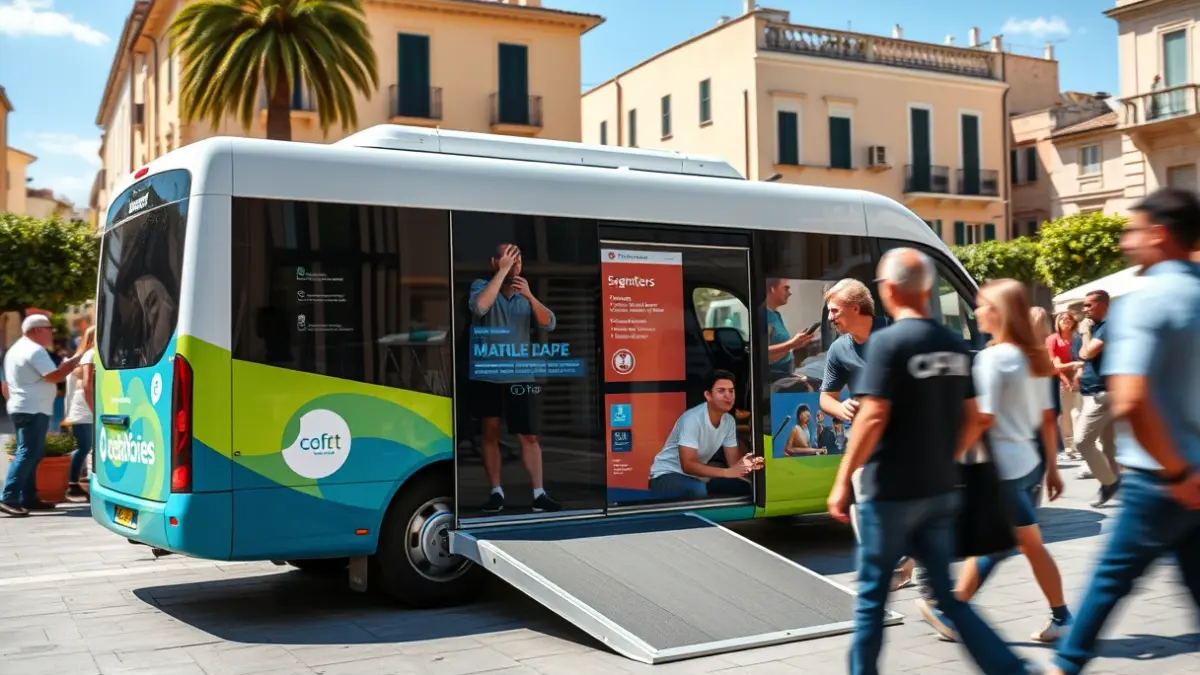 Imatge genèrica d'una unitat mòbil interactiva en una plaça, amb gent al voltant.