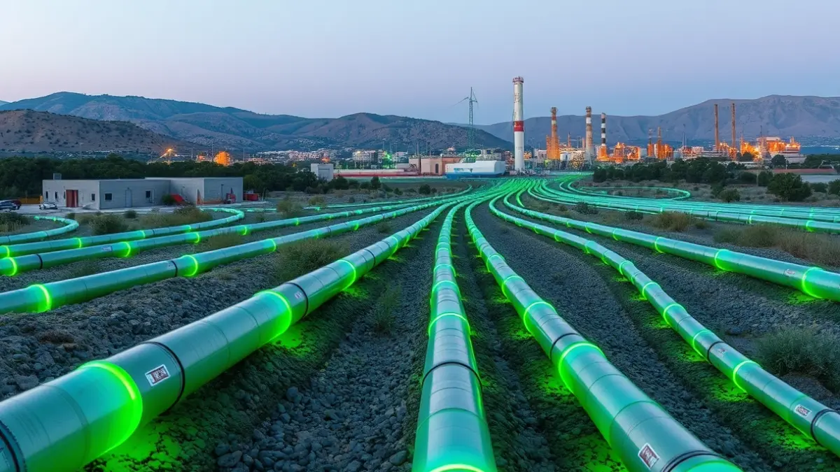 Imatge d'una xarxa de canonades subterrànies que distribuïxen hidrogen verd cap a edificis industrials.