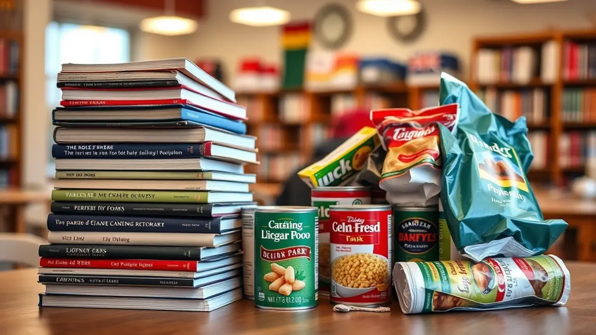 Imatge genèrica de llibres i aliments no peribles en una taula de fusta, amb un fons desenfocat d'un centre comunitari o biblioteca.