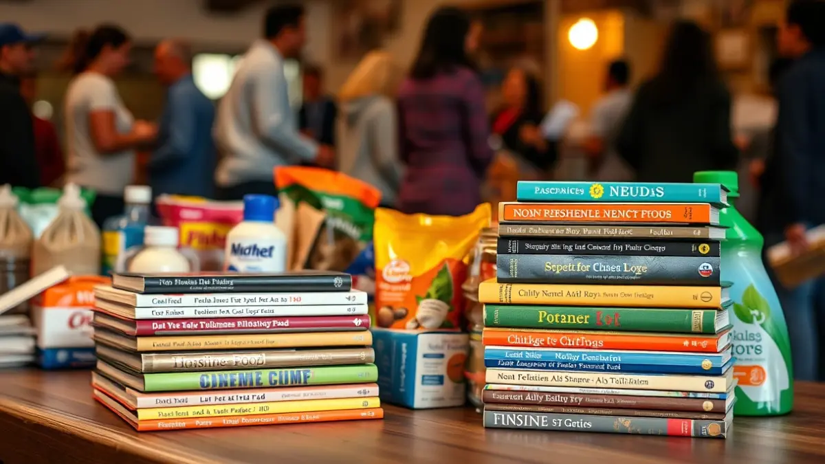 Generic image of stacked books next to food and hygiene products, symbolizing the solidarity campaign.