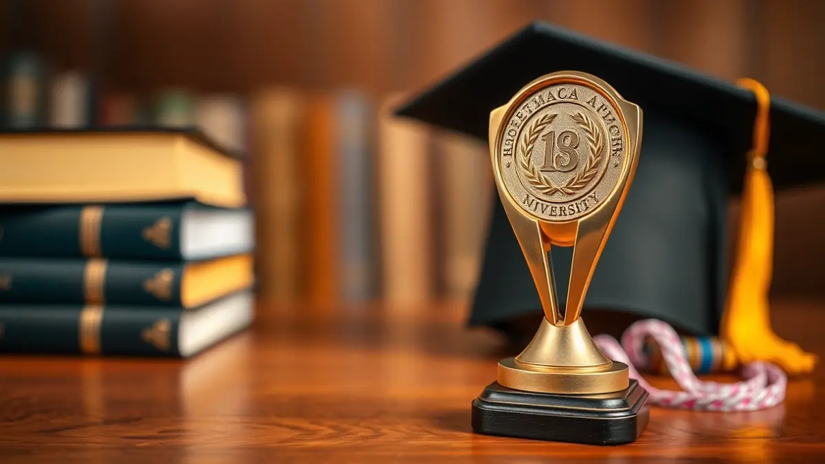Generic image of a university sports trophy or medal on a wooden desk, with blurred academic books and a graduation cap in the background.