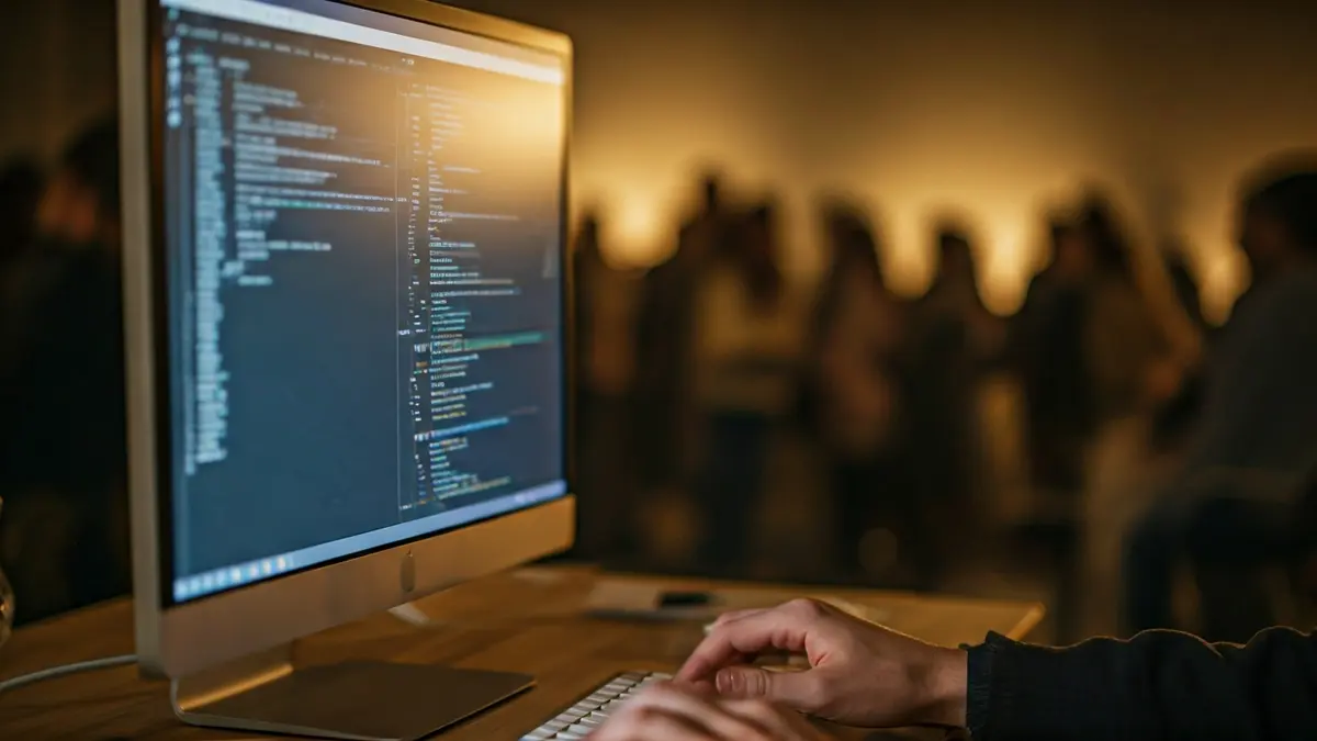 Imatge genèrica d'un ordinador amb codi de programació i mans teclejant.