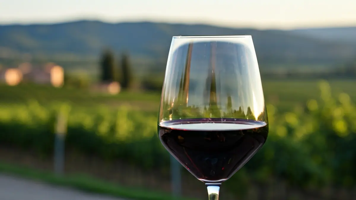 Imatge genèrica d'una copa de vi amb un paisatge de vinyes al fons.