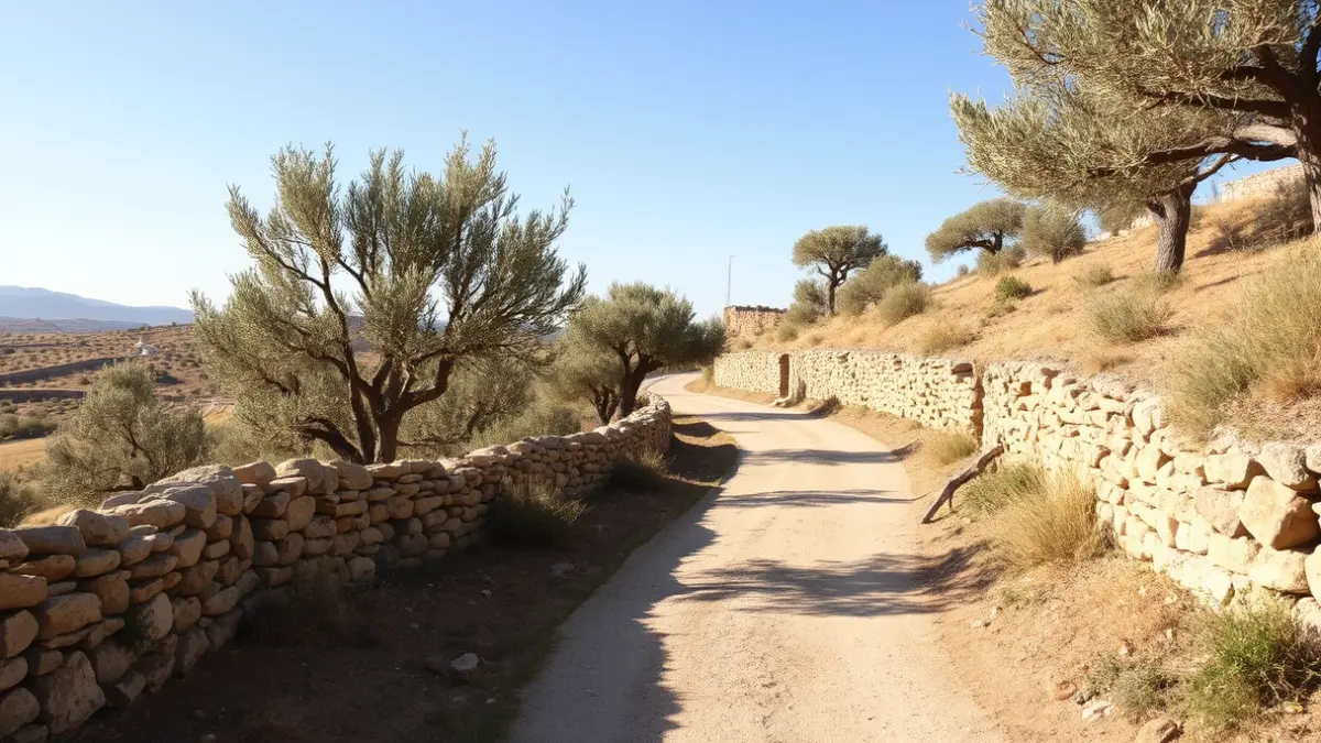 Image of a path in a Mediterranean landscape, with olive trees and dry stone walls, under a clear sky.