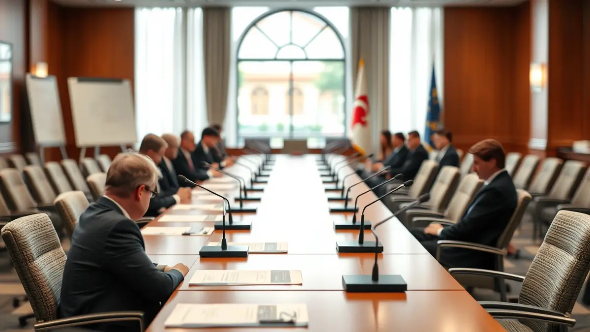 Imagen genérica de una sala de reuniones con una mesa larga y micrófonos, con un ambiente profesional.