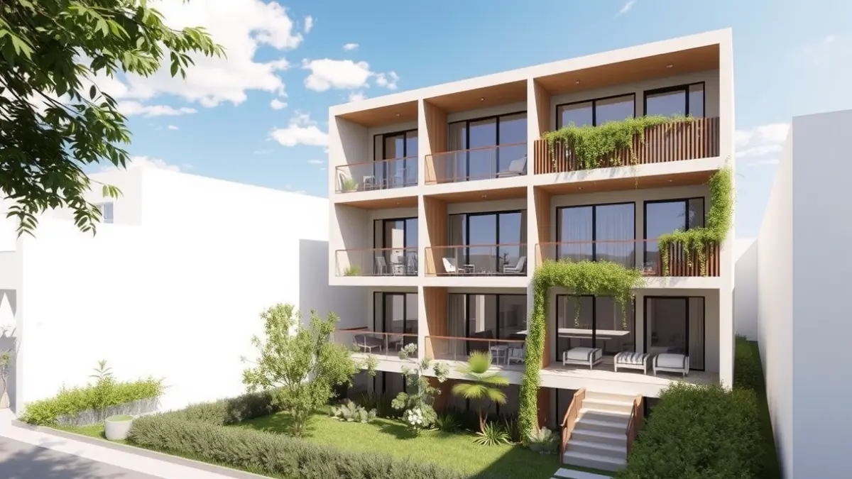 Image of an architectural project for an affordable rental housing building in a Mediterranean urban setting.