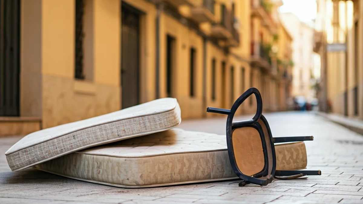 Image of old belongings abandoned on a sidewalk, with buildings in the background.