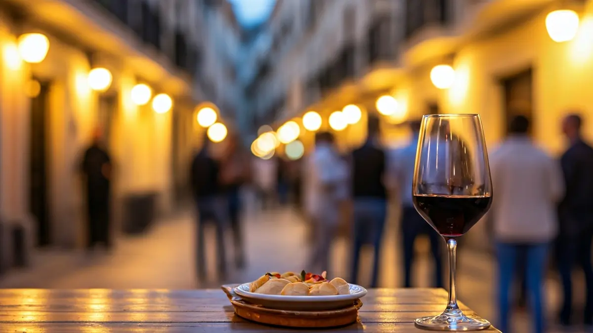 Imatge d'una taula amb tapes i vi en un ambient festiu.