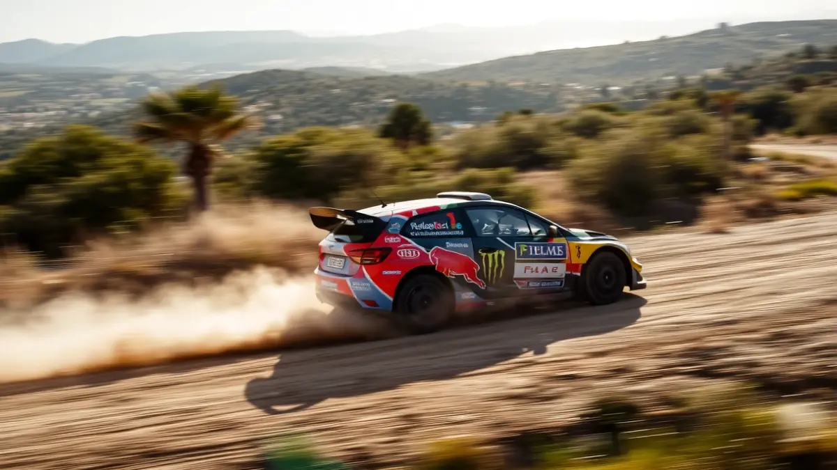 Imatge genèrica d'un cotxe de ral·li en una pista de terra, alçant pols.