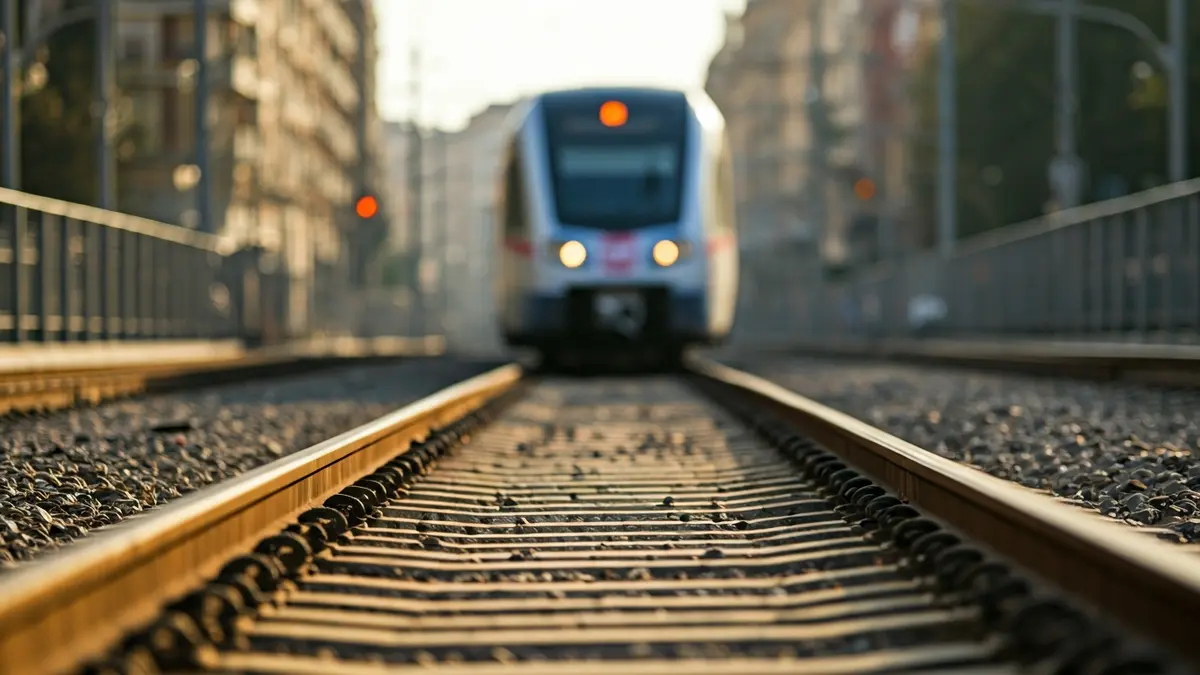 Generic image of a train track with a blurred Metrovalencia train in the background.