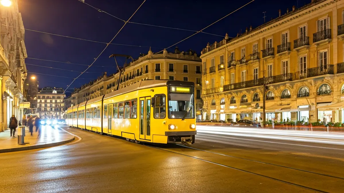 Imatge genèrica d'un tramvia en moviment en una ciutat mediterrània al capvespre.