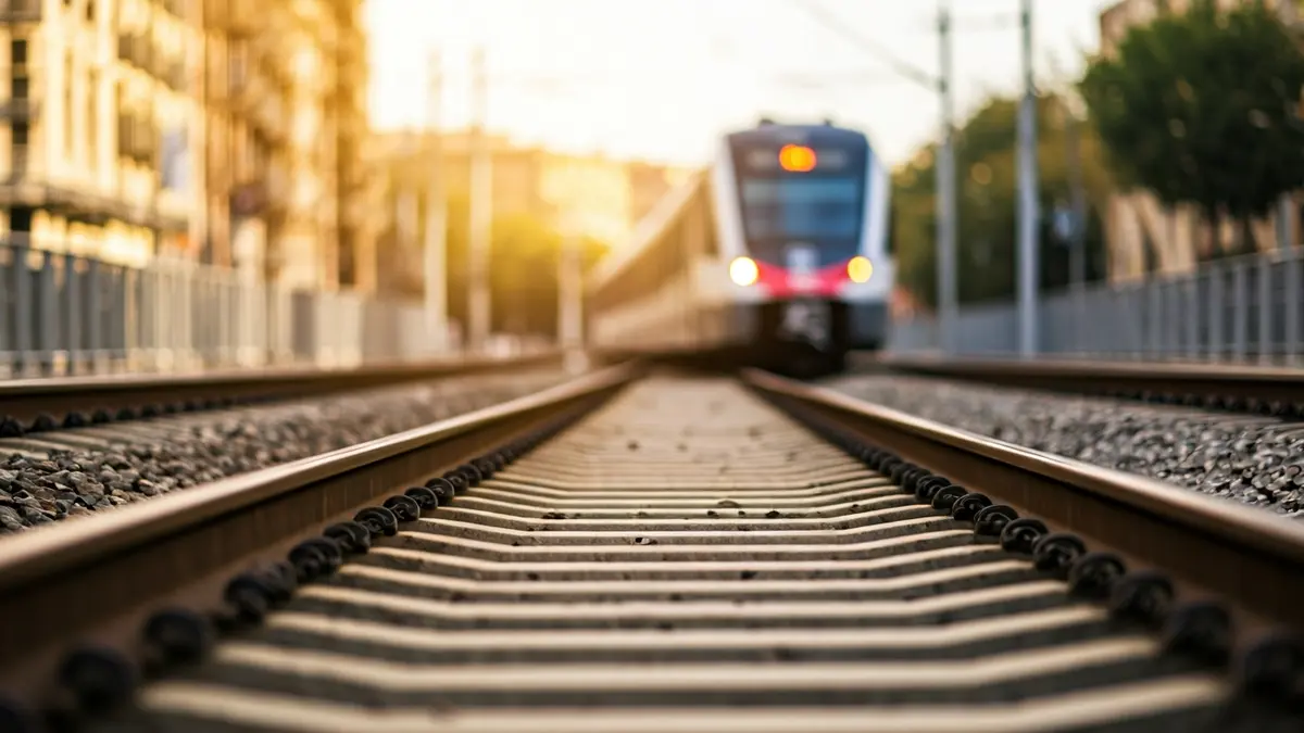 Imagen genérica de una vía de tren con un convoy de Metrovalencia desenfocado al fondo.