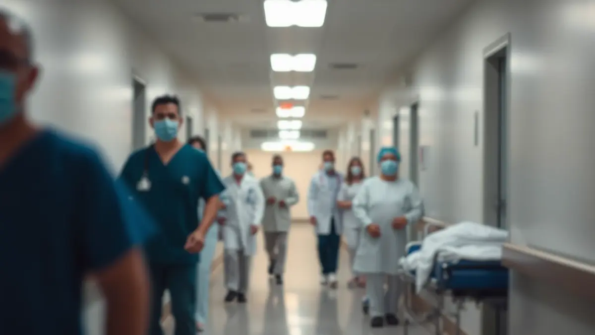 Imagen genérica de un pasillo de hospital con personal médico y pacientes desenfocados.