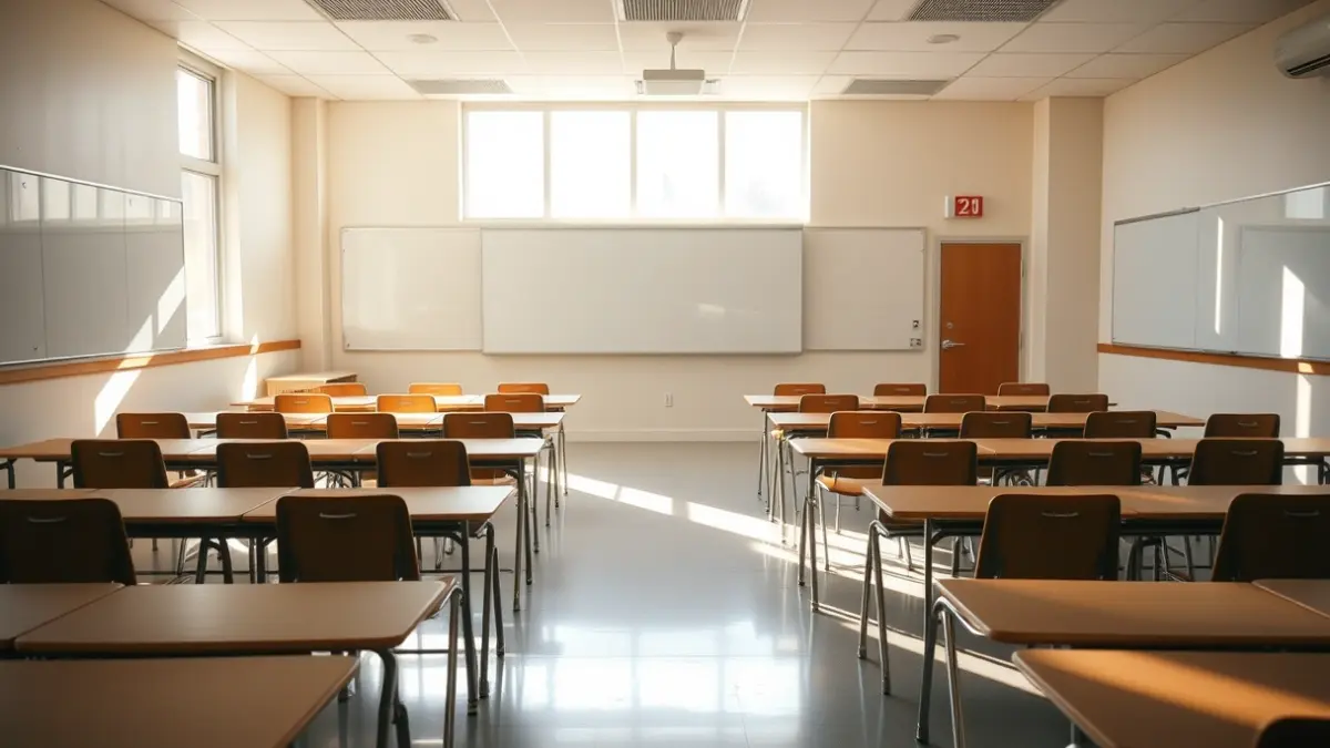 Imatge genèrica d'una aula buida, amb pupitres i cadires, i una pissarra al fons.