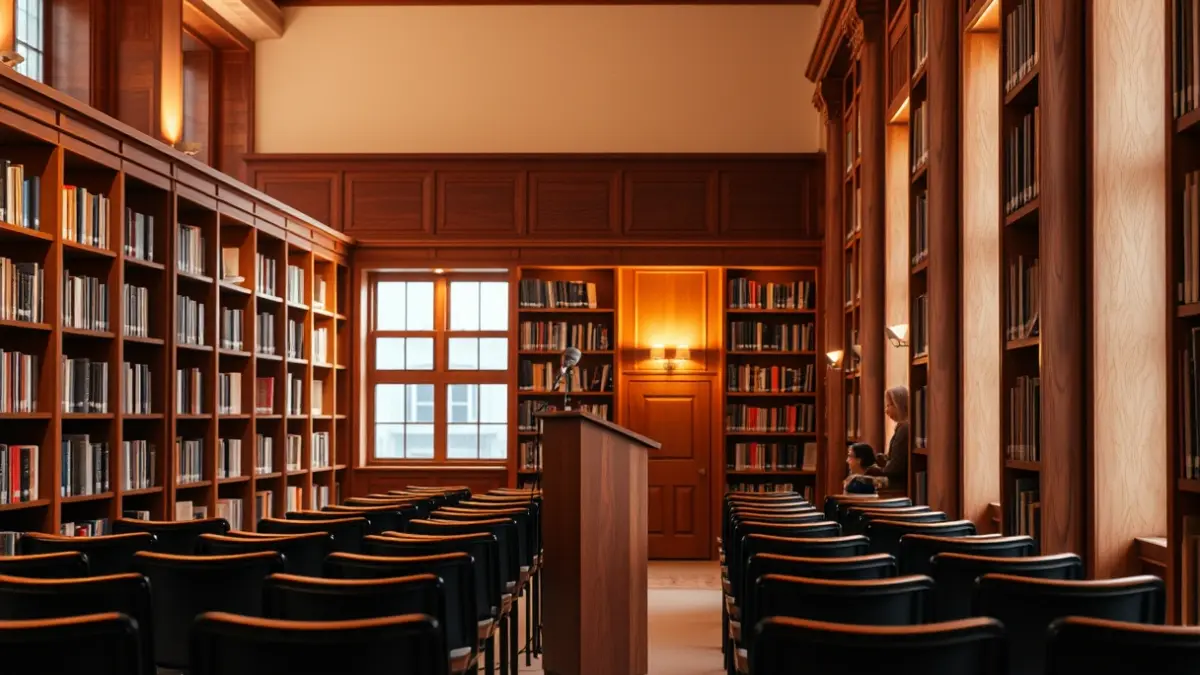 Generic image of an exhibition hall or library with a warm atmosphere and books.