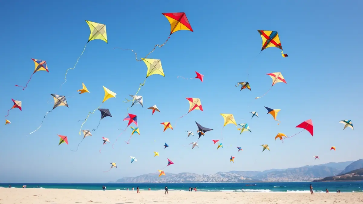Imagen genérica de cometas de colores volando en una playa de la Comunitat Valenciana.