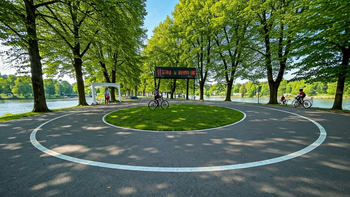 Imagen genérica de una ruta ciclista circular en un entorno verde con un río.