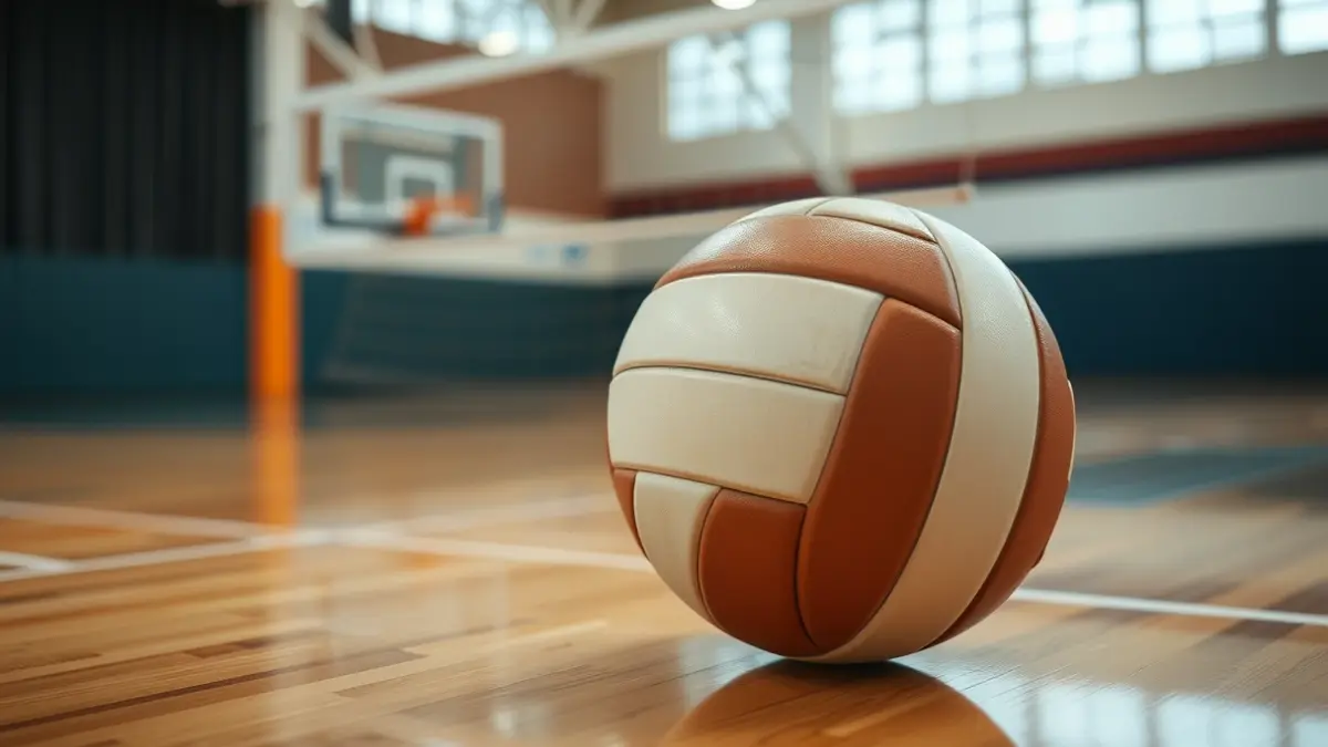Generic image of a volleyball on a court, with a blurred net in the background.