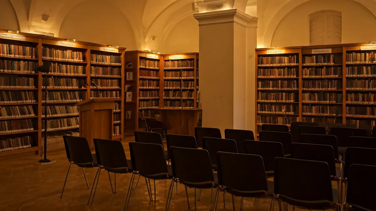 Imatge genèrica d'una sala de presentacions o biblioteca amb un micròfon i cadires buides.