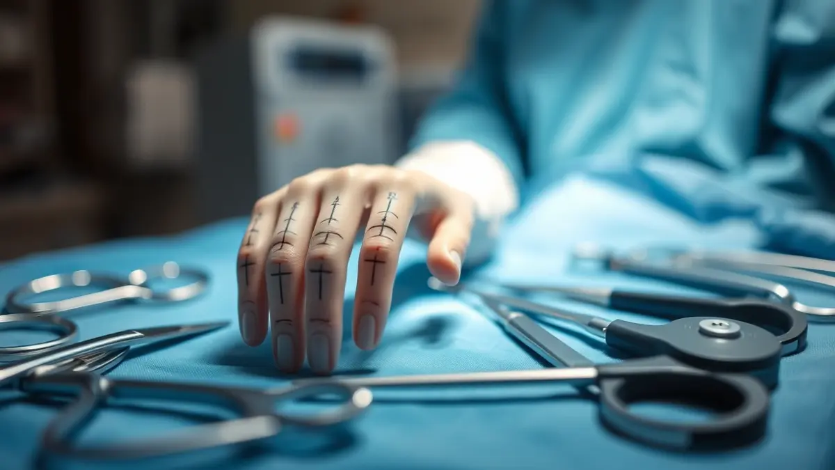 Generic image of a hand with surgical markings and medical instruments.
