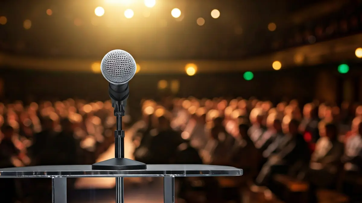 Imatge genèrica d'un micròfon en un podi en una sala de concerts, amb instruments musicals desenfocats al fons.
