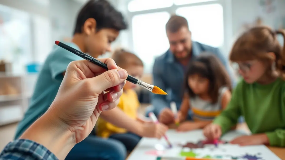 Generic image of a hand holding a paintbrush over a canvas, with students and a teacher collaborating on an art project.