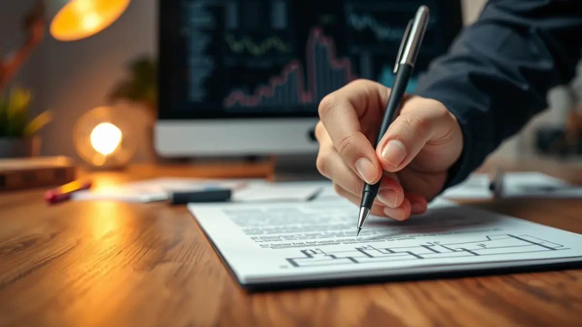 Generic image of a hand signing a document, with blurred design sketches in the background.