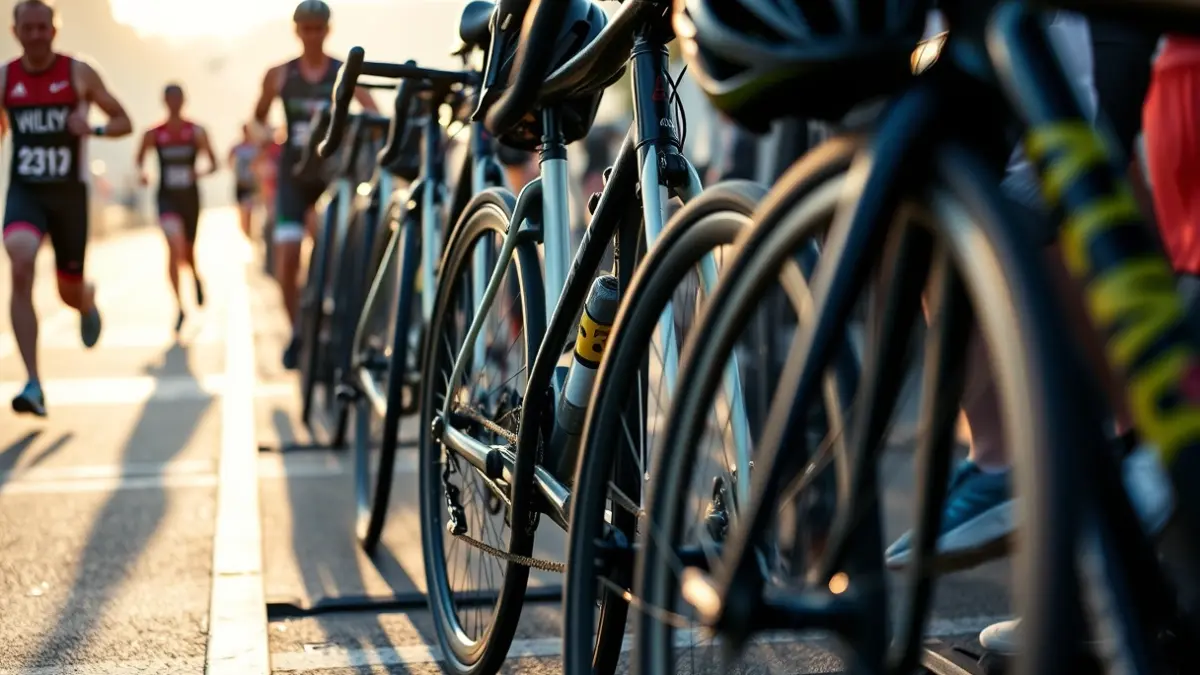 Imatge genèrica d'una àrea de transició en un triatló, amb bicicletes i equipament esportiu.